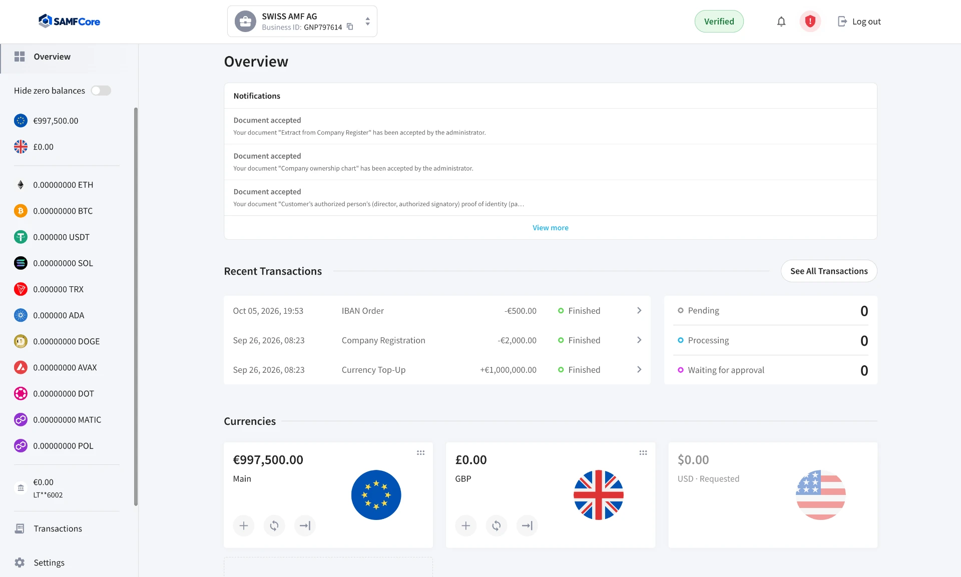 SAMFCore user panel — Overview & Transactions