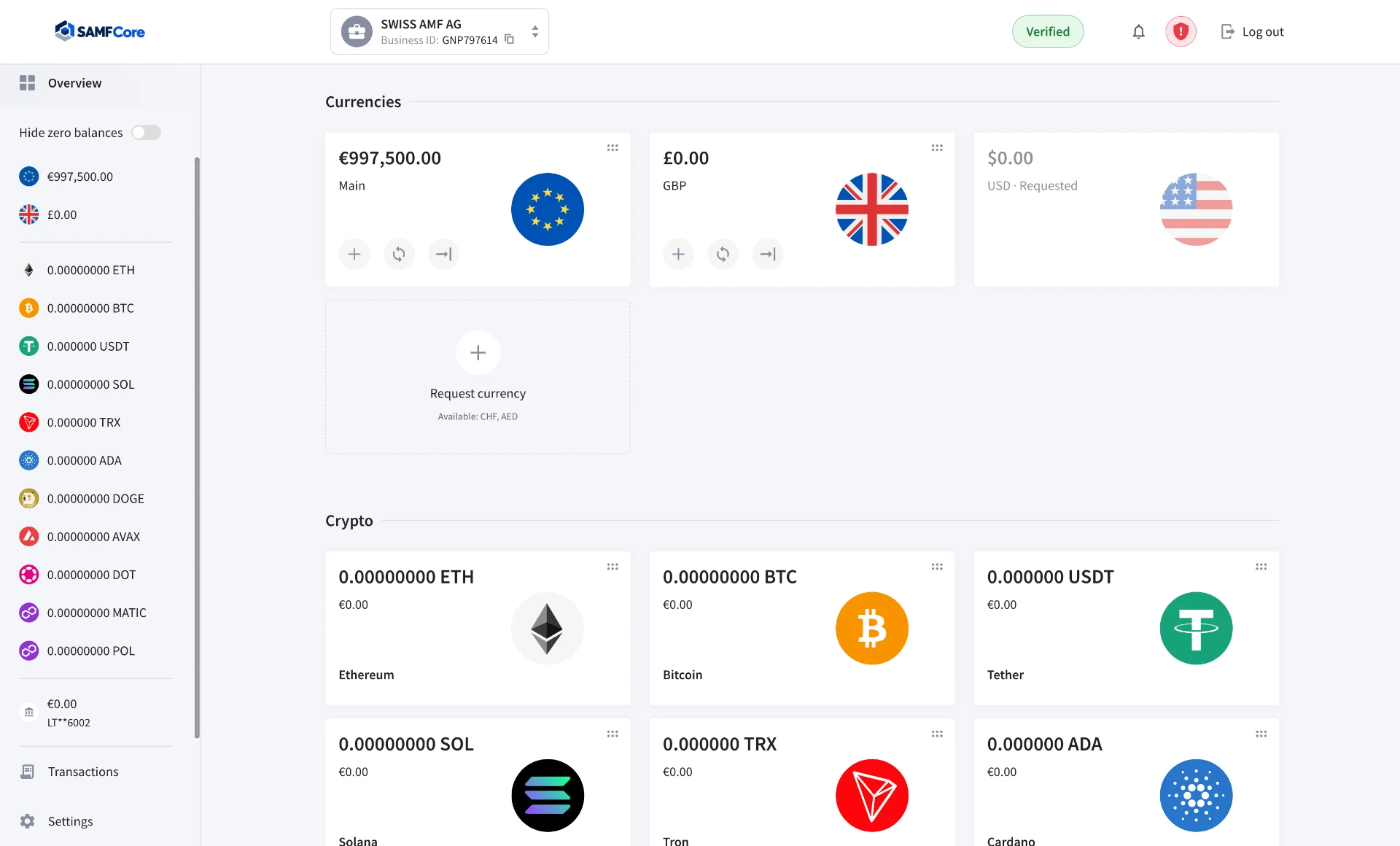 SAMFCore user panel — Currencies & Crypto