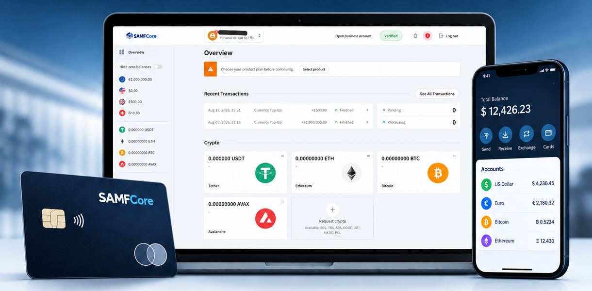 SAMFCore customer platform shown on laptop and mobile with a payment card