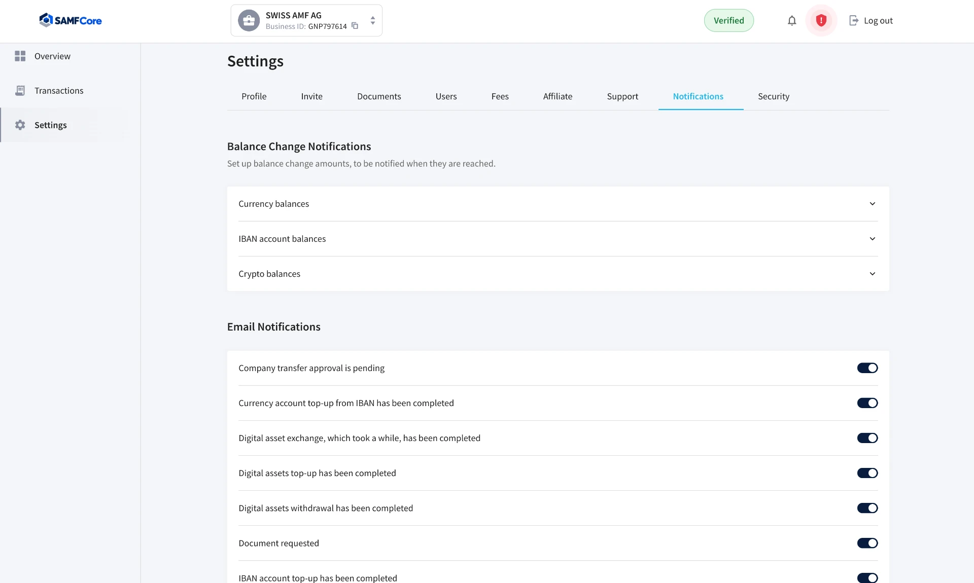 SAMFCore settings — Notifications