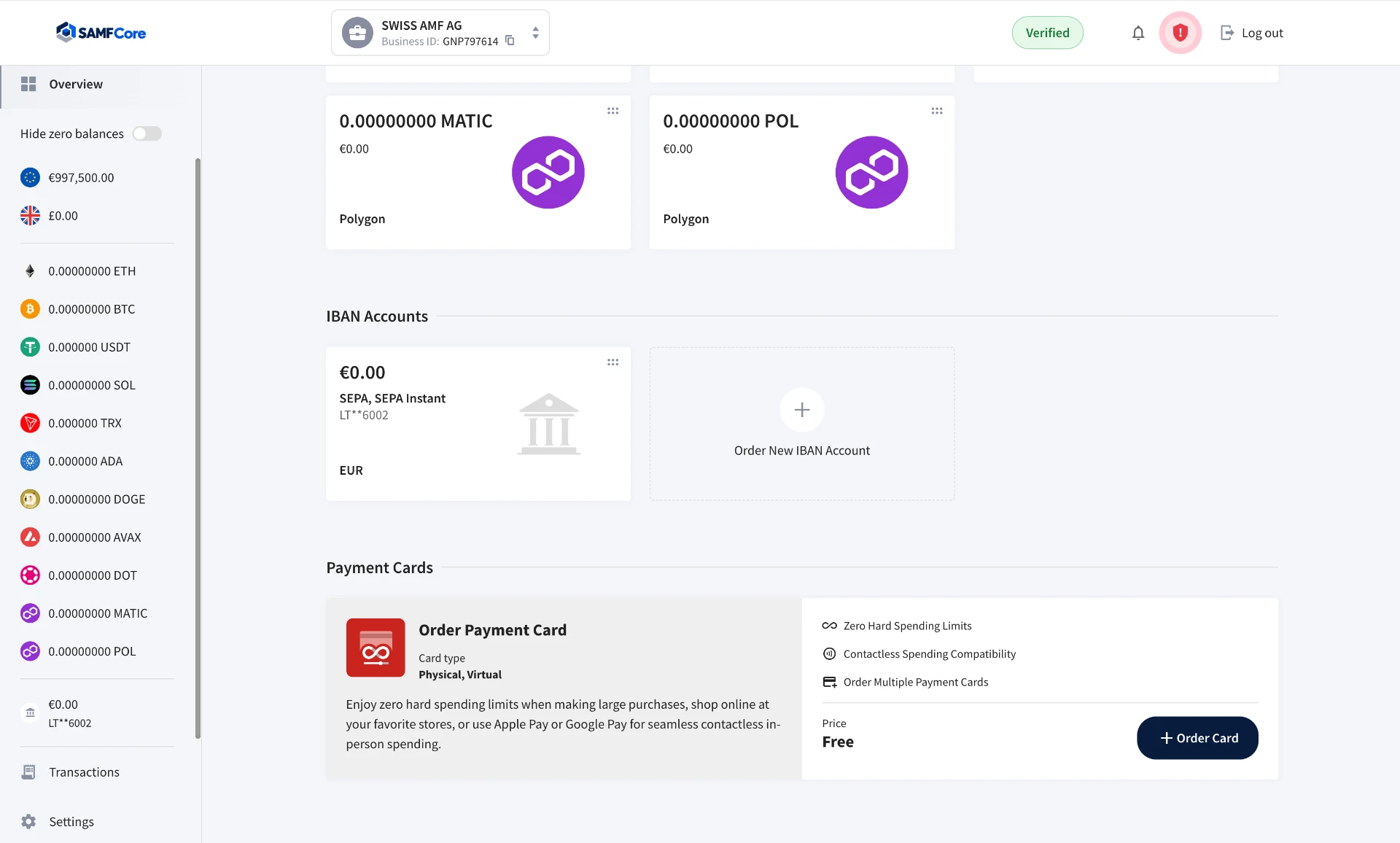 SAMFCore user panel — IBAN Accounts & Cards