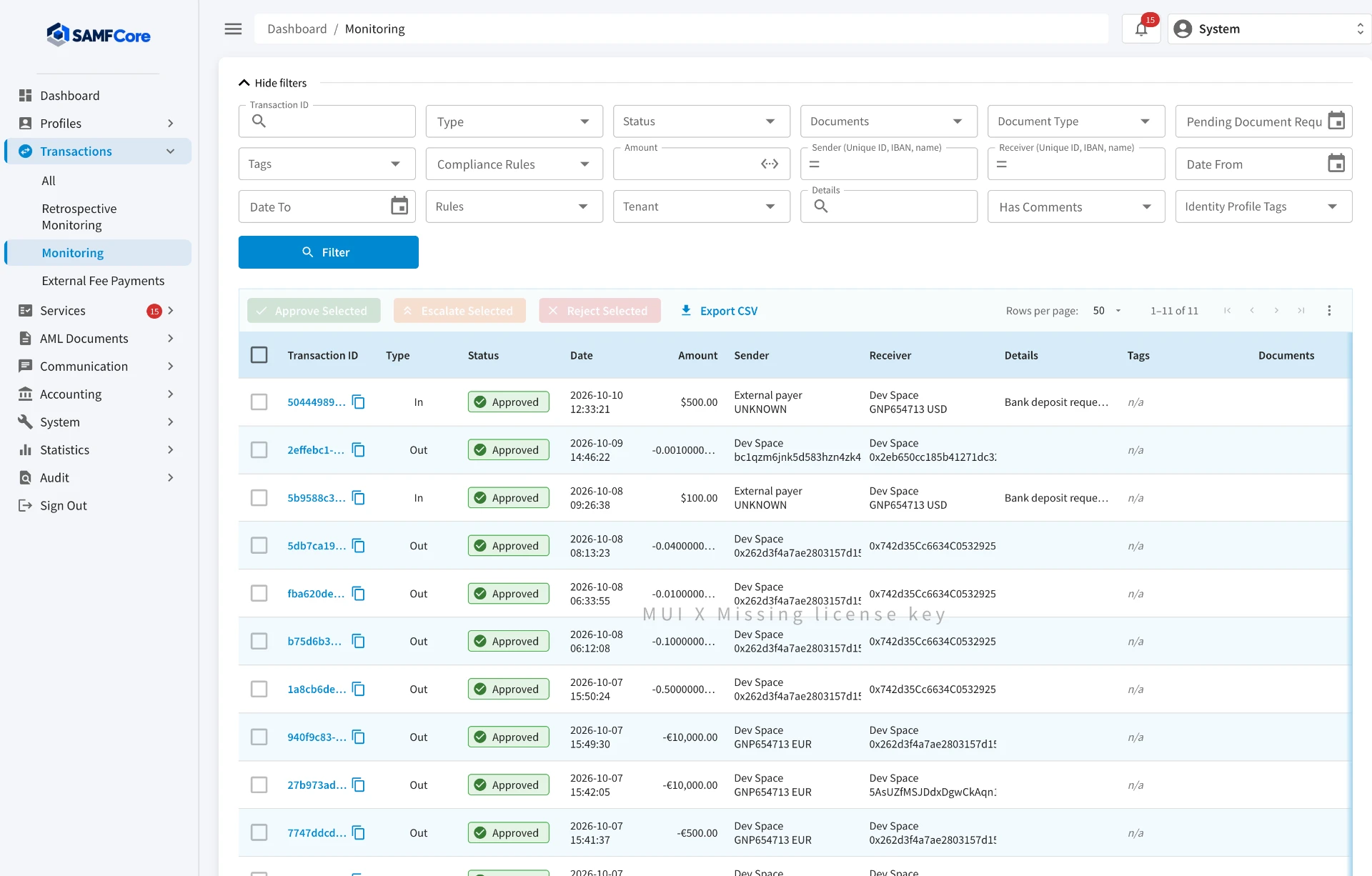 SAMFCore administration panel — Transaction Monitoring