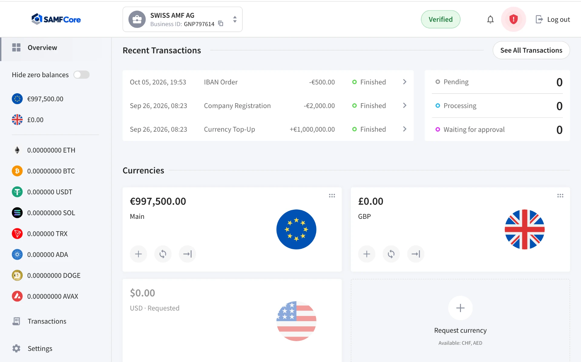 SAMFCore software dashboard with accounts and financial operations