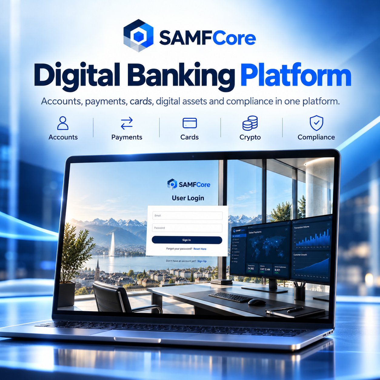 SAMFCore digital banking platform for accounts, payments, cards, digital assets and compliance