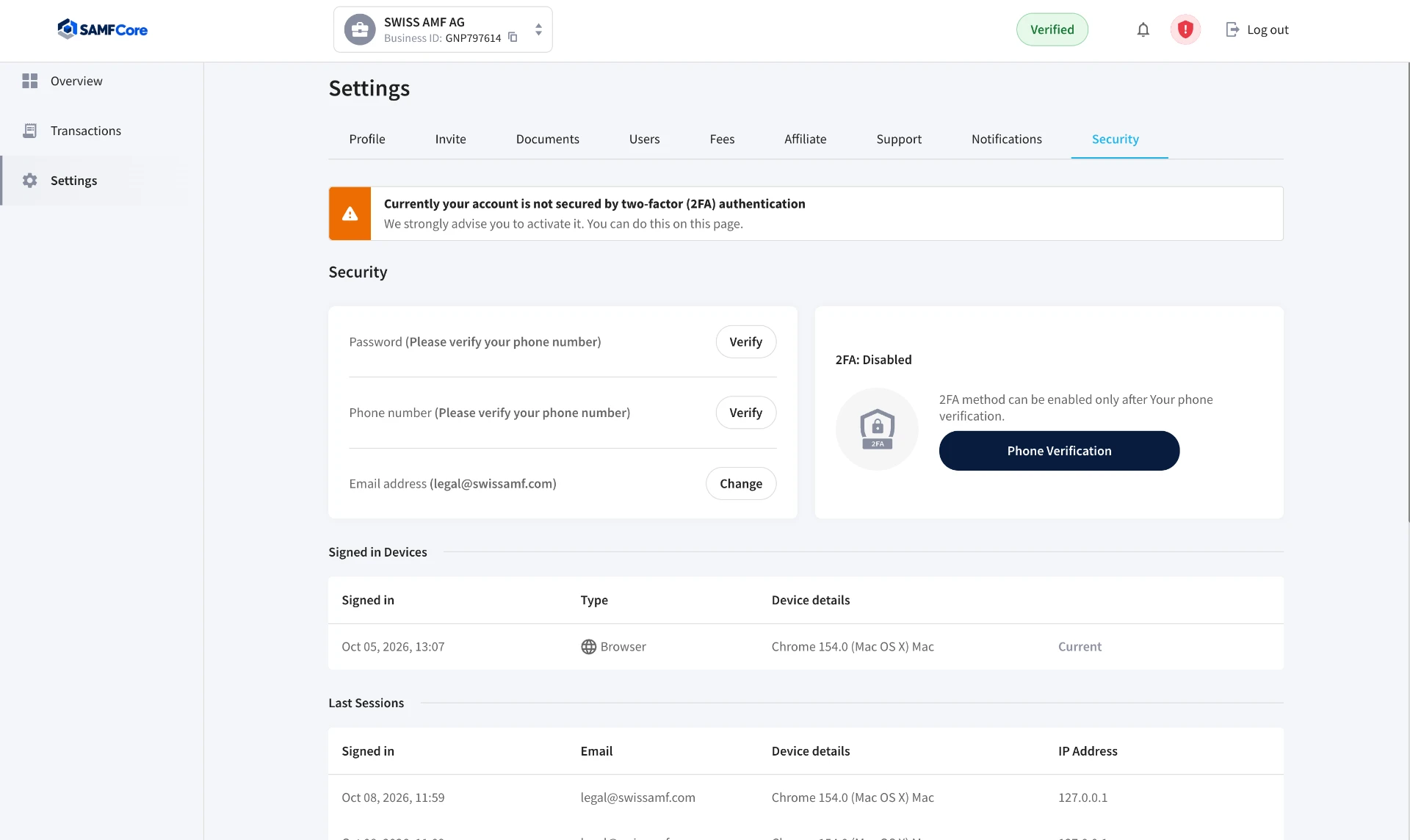 SAMFCore settings — Security