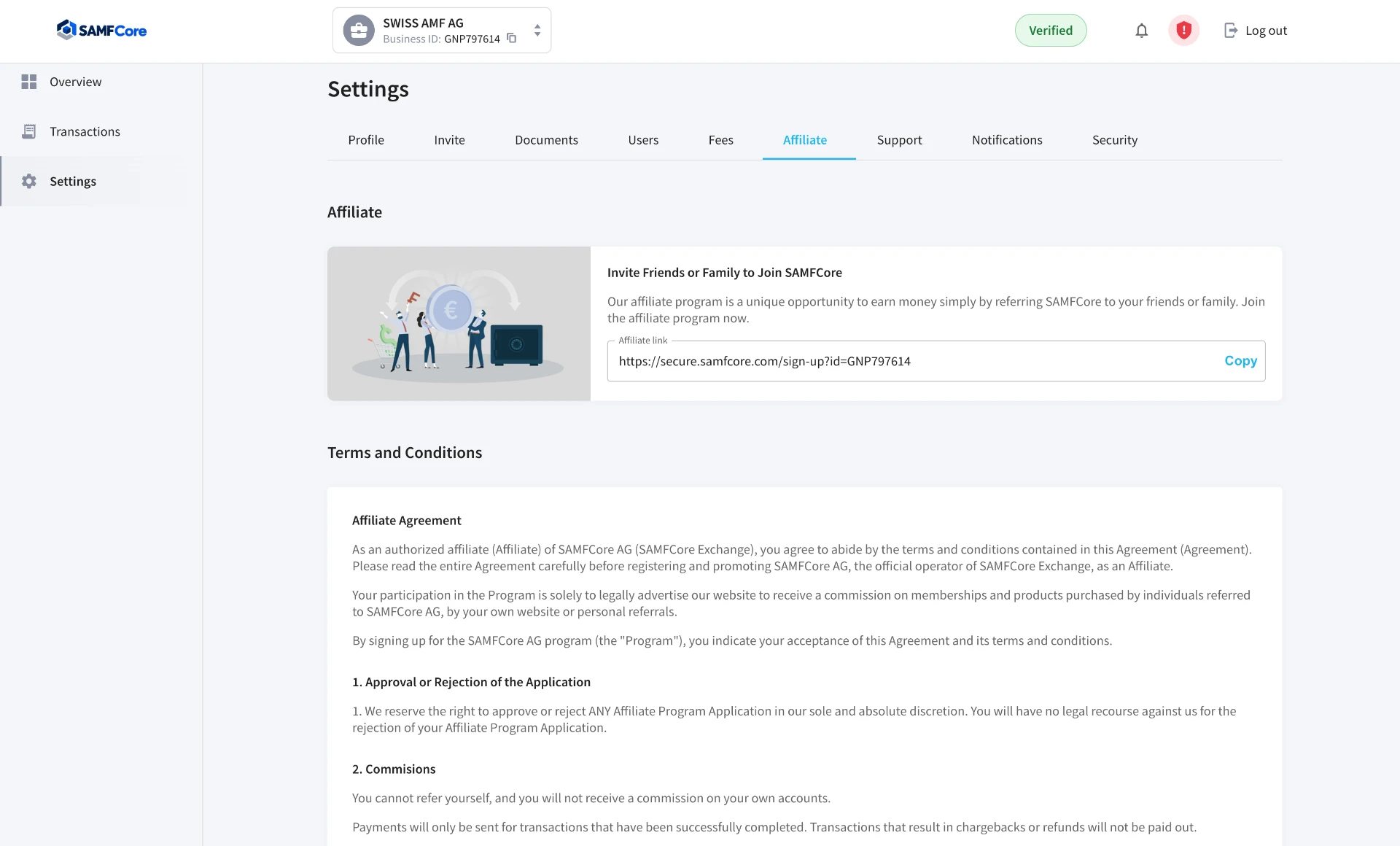 SAMFCore settings — Affiliate