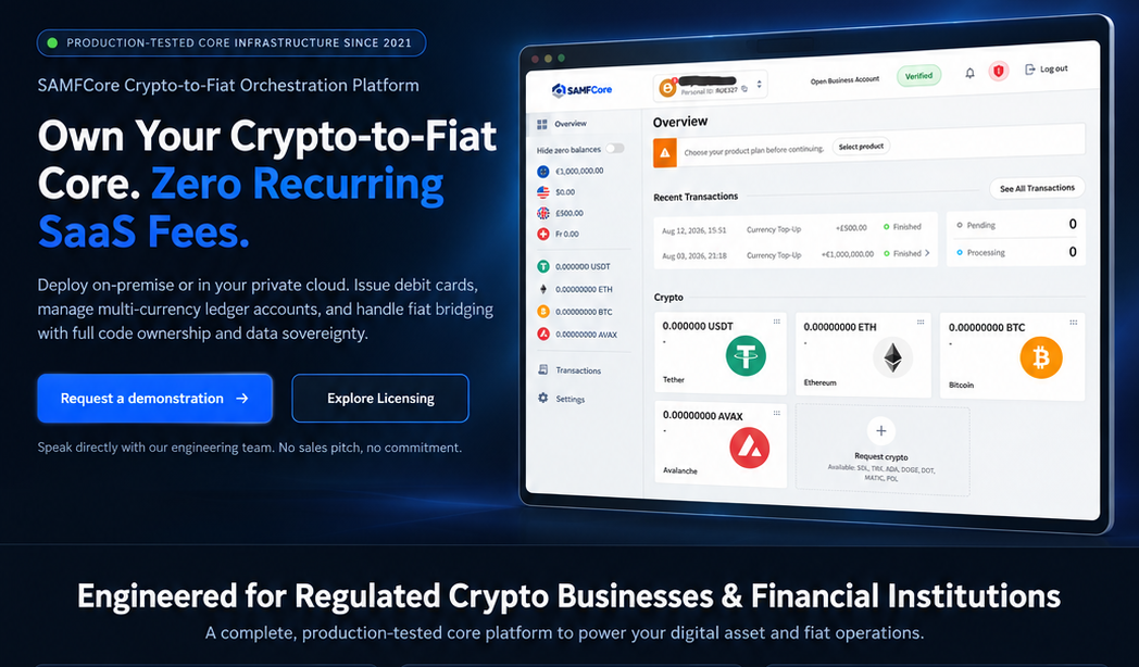 SAMFCore platform managing cards, fiat accounts and digital assets in one environment