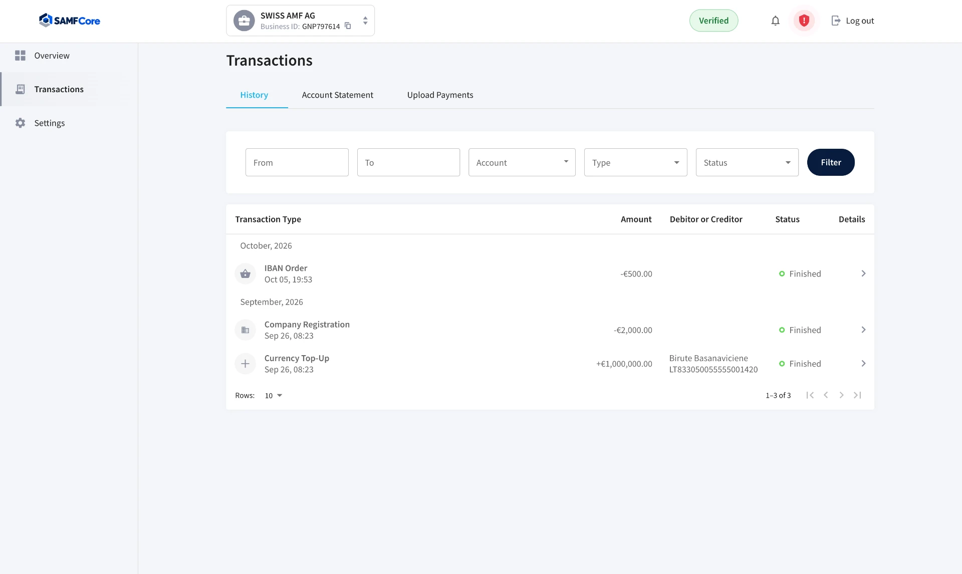SAMFCore transactions — Transaction History