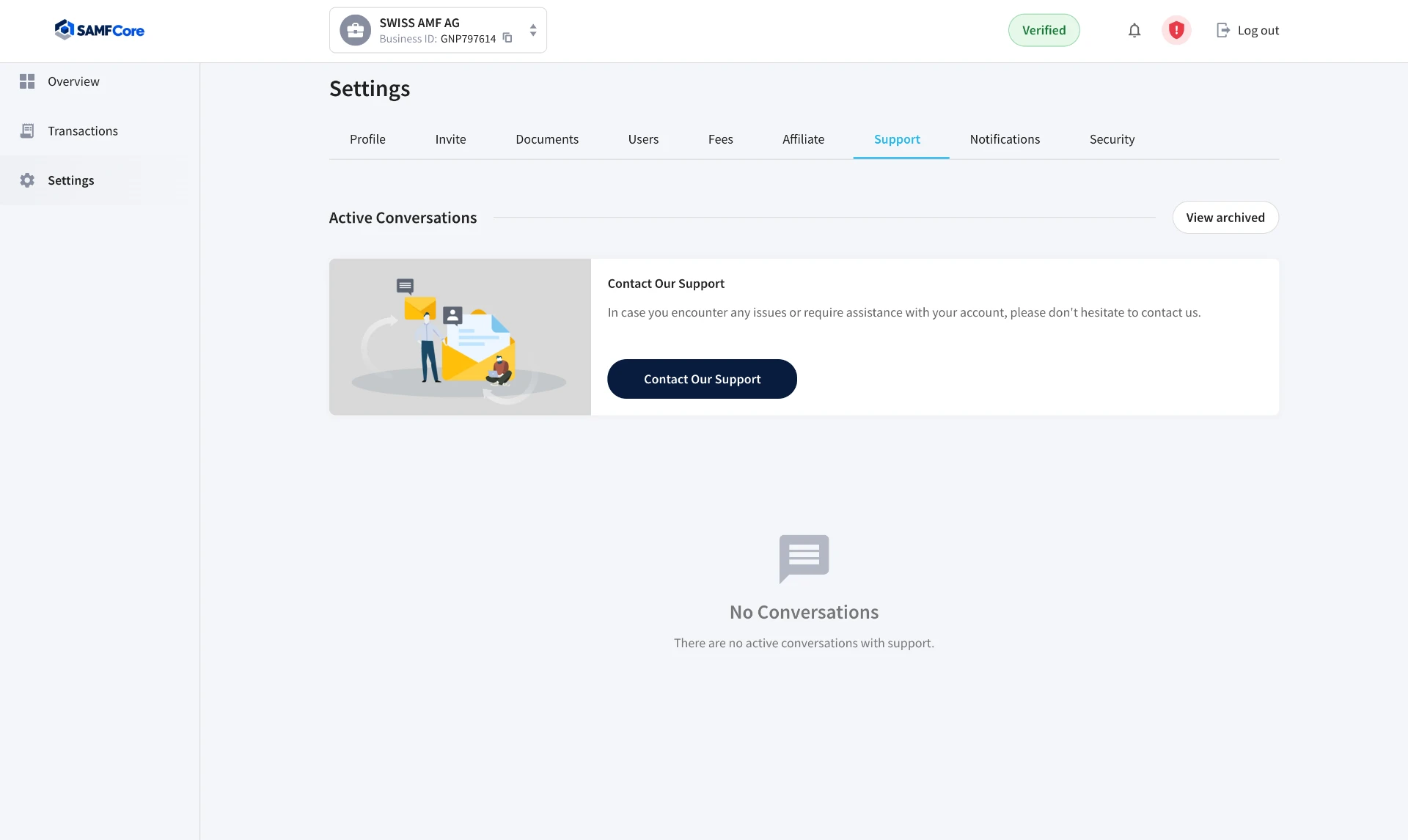 SAMFCore settings — Support