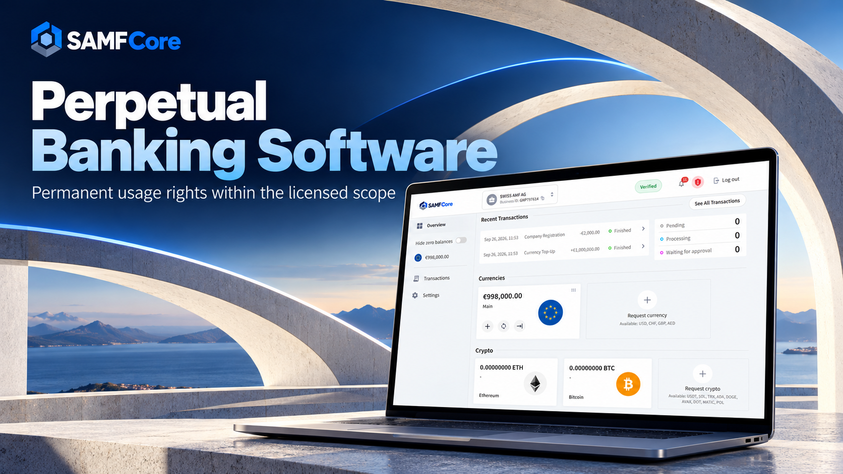 SAMFCore perpetual banking software — the SAMFCore dashboard on a laptop with the headline “Perpetual Banking Software: permanent usage rights within the licensed scope”