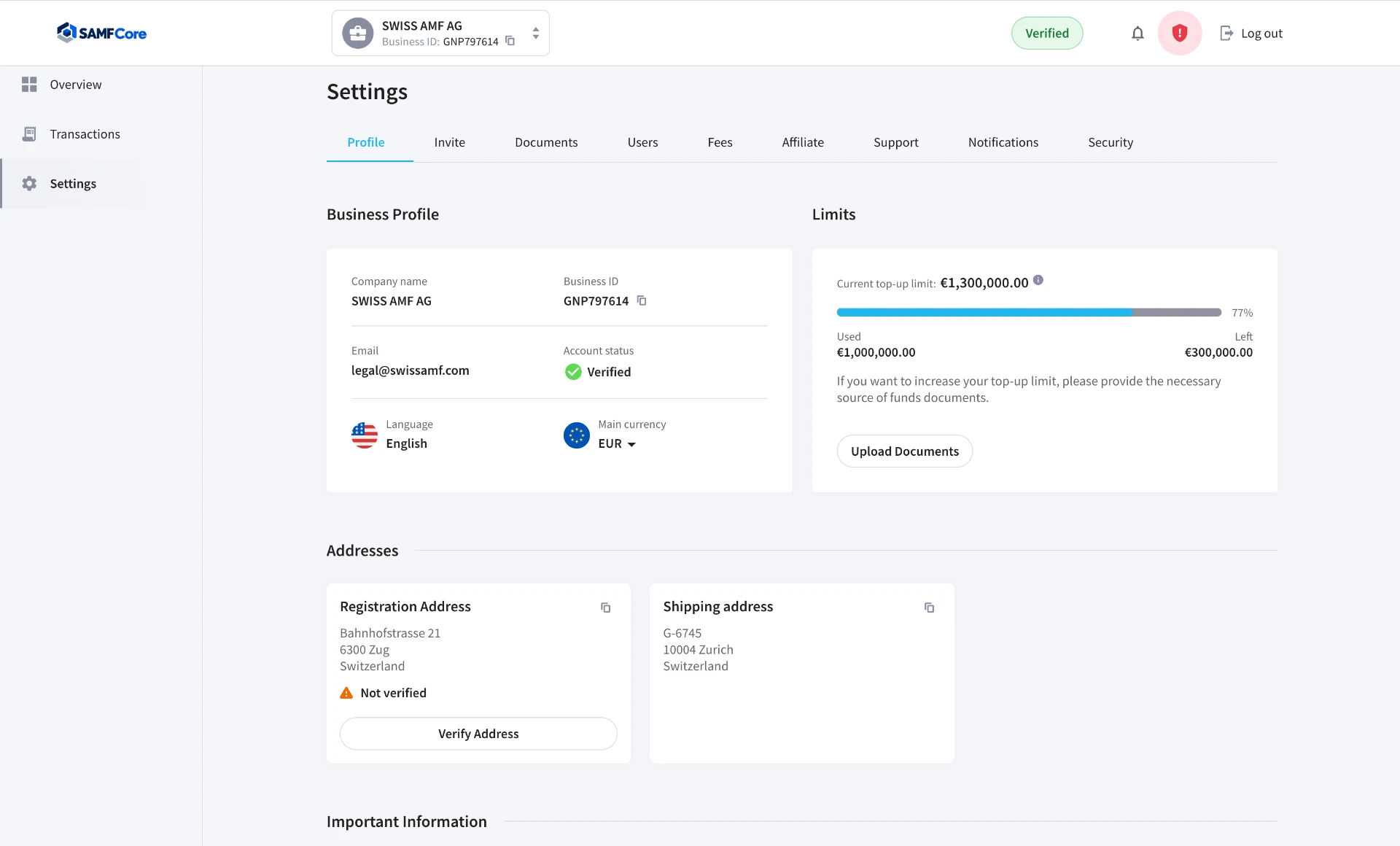 SAMFCore settings — Profile