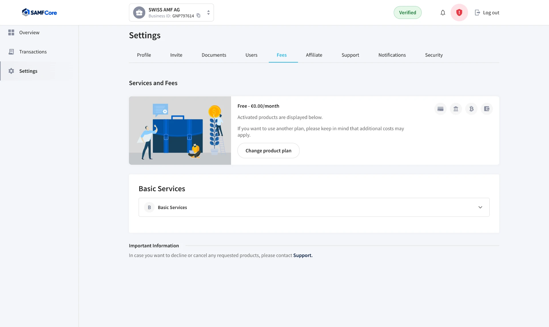 SAMFCore settings — Fees