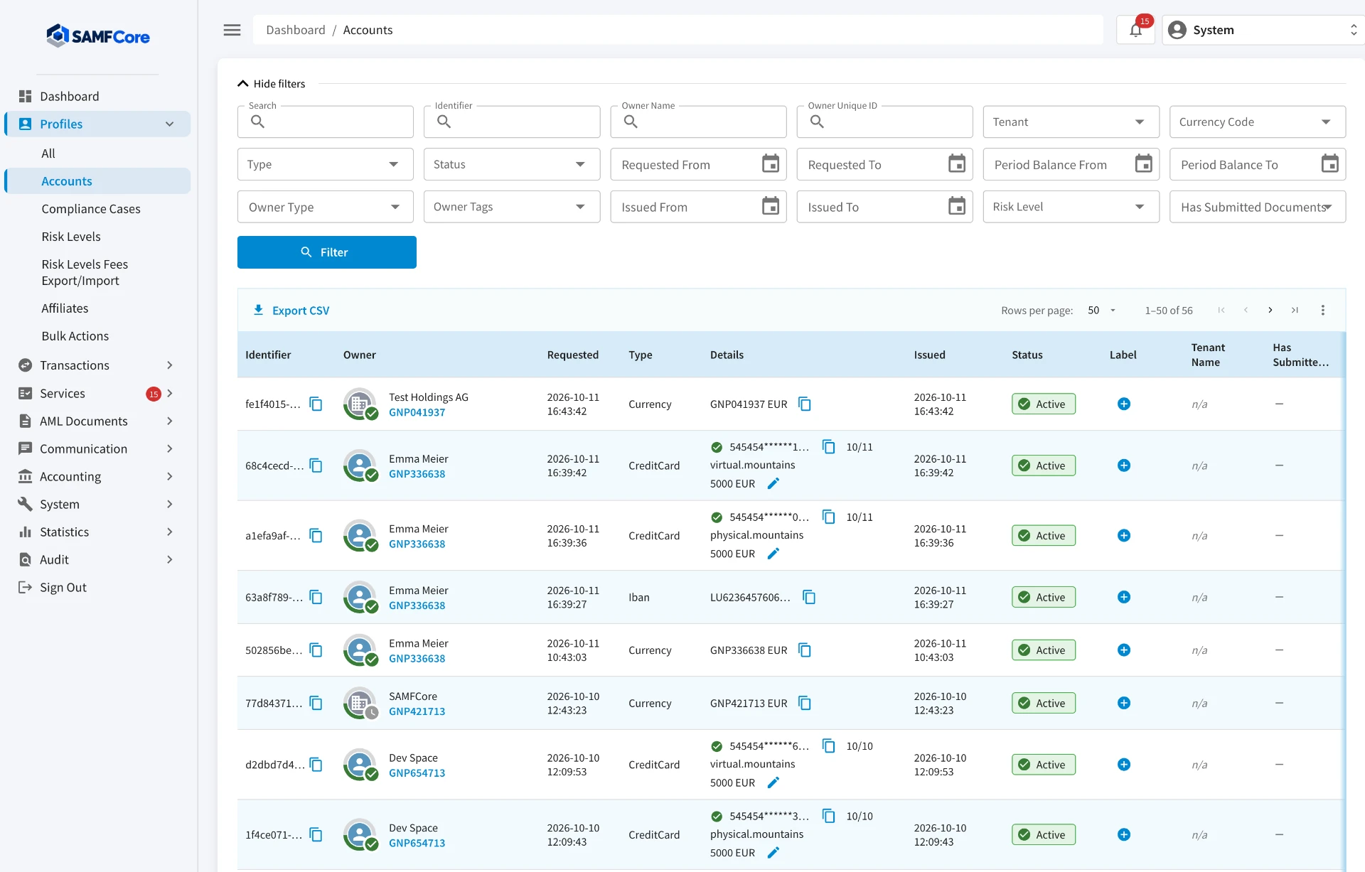 SAMFCore administration panel — Accounts