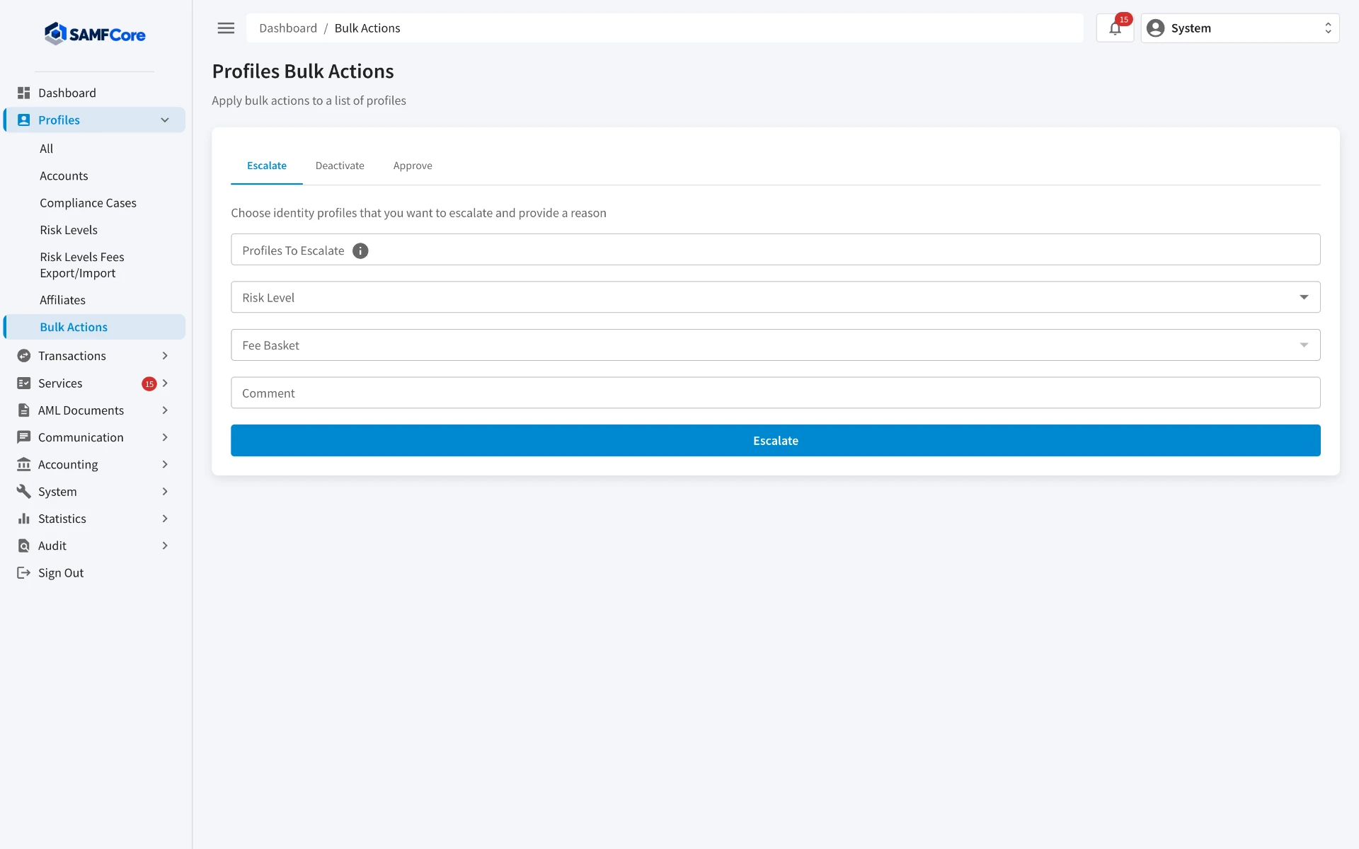 SAMFCore administration panel — Profiles Bulk Actions