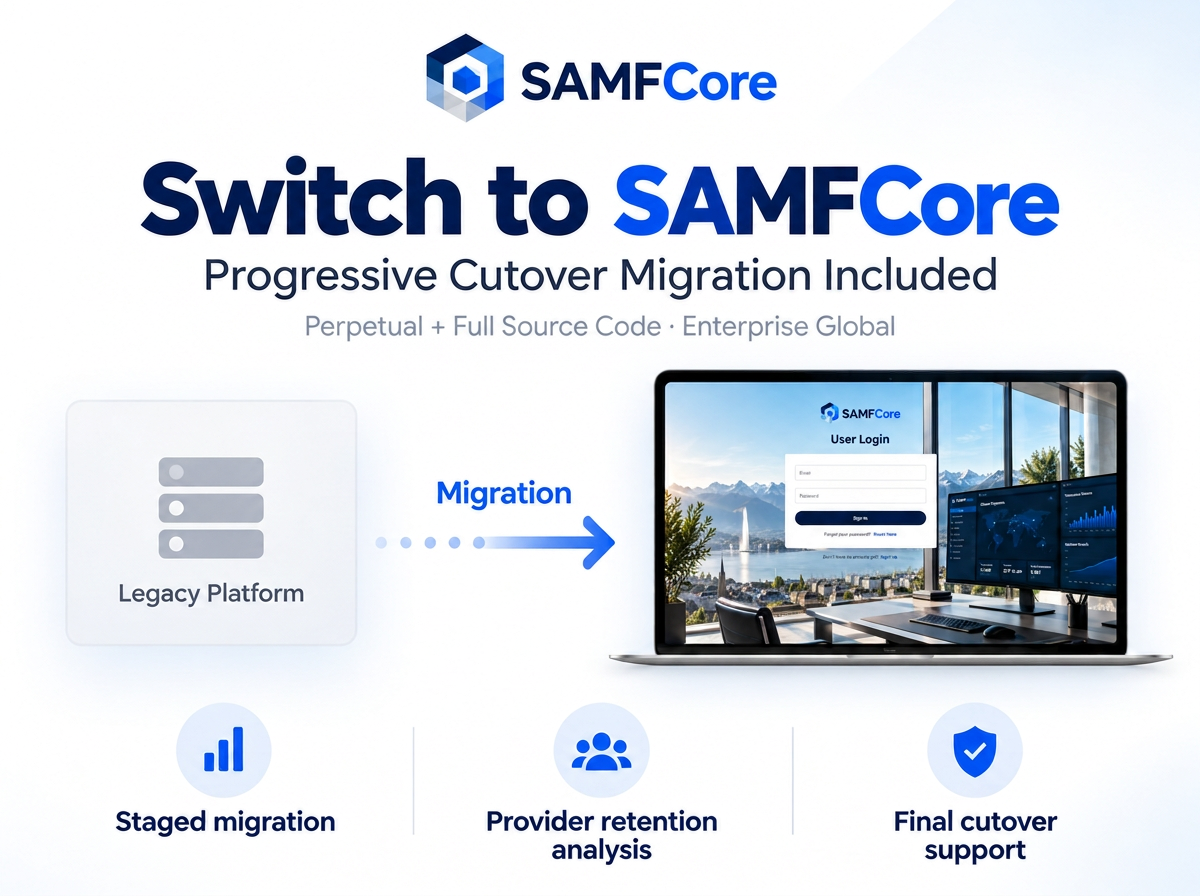 Progressive cutover migration from a legacy platform to SAMFCore, highlighting staged migration, provider-retention analysis and final cutover support